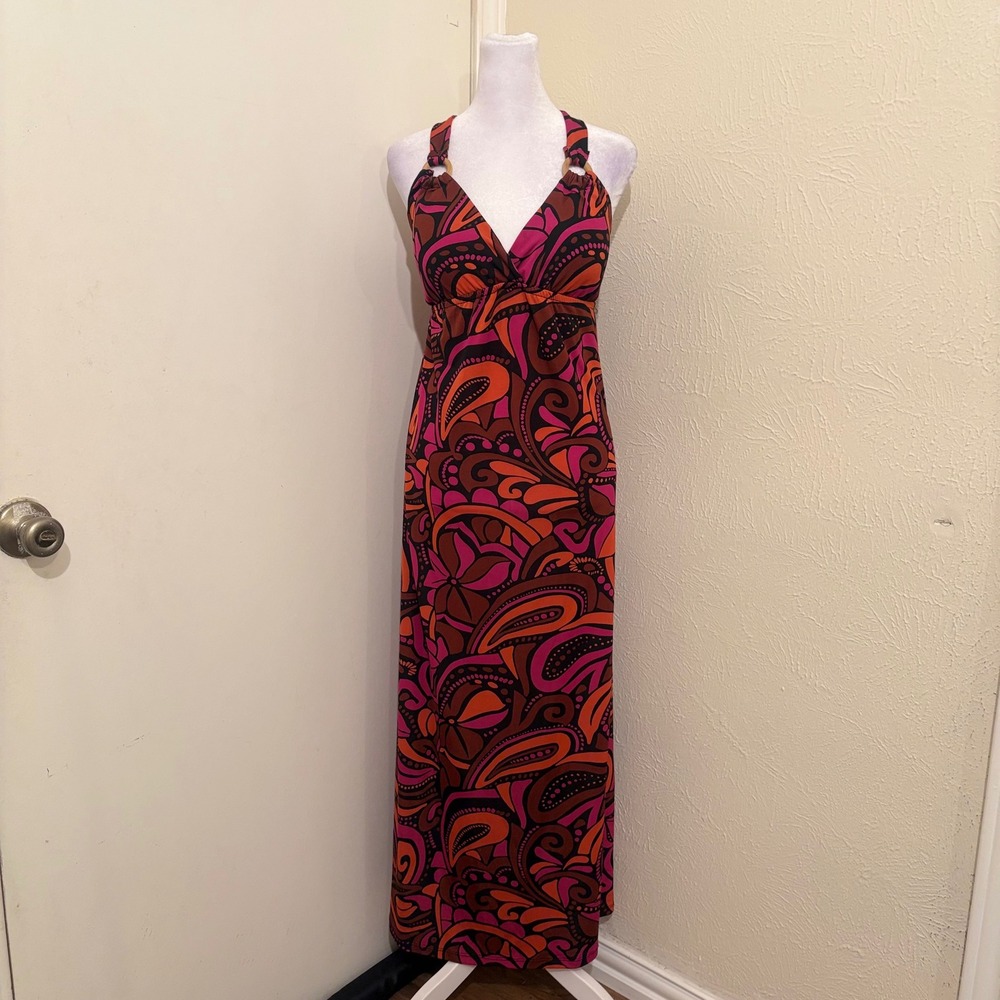 Heart Soul Pink Orange Paisley Cross Back Retro‎ Y2K Psychedelic Maxi Dress XL